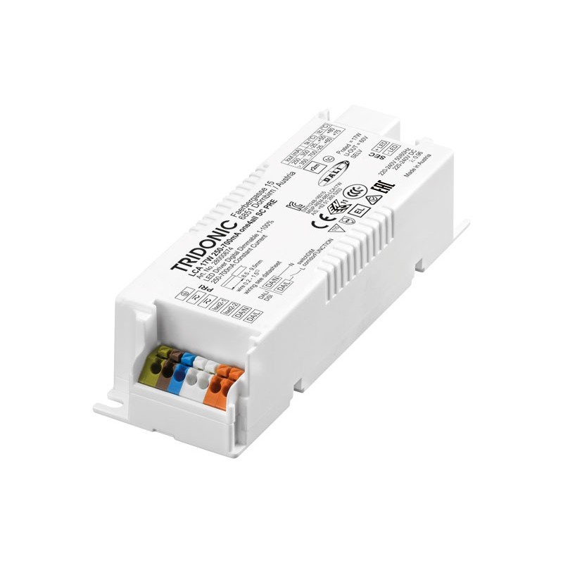 Pastovios srovės LED maitinimo šaltinis. 17W, 250-700mA, 130x43x30mm, IP20. Valdomas DALI/Push.